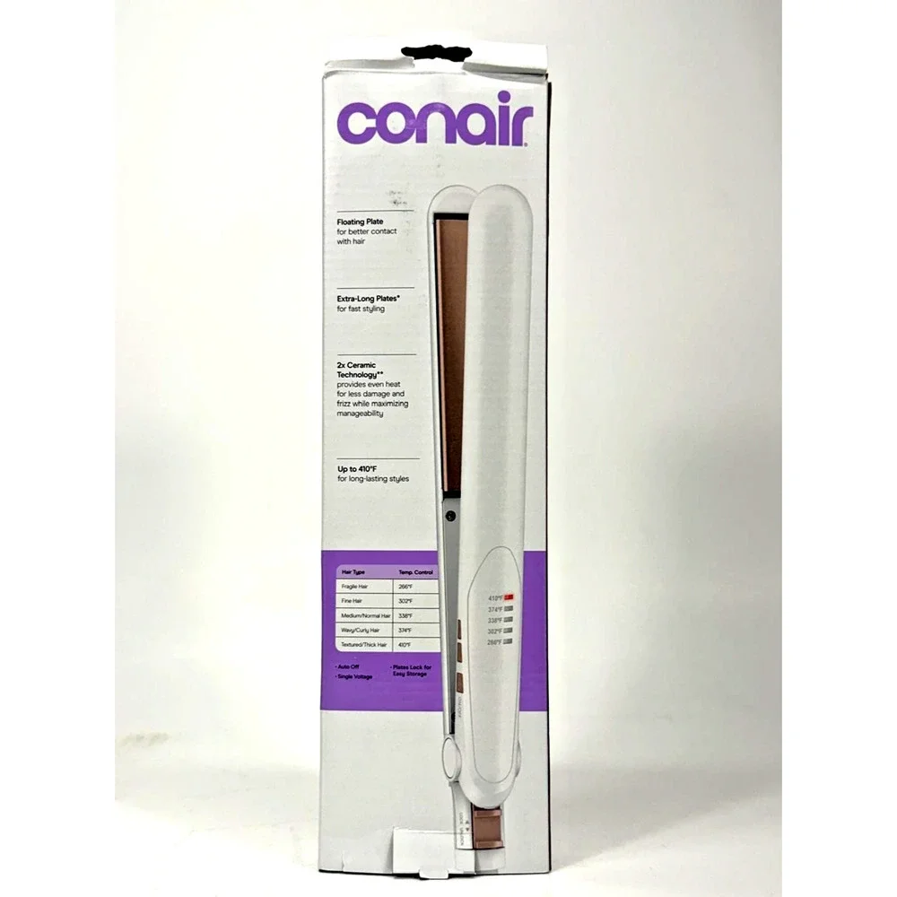 Conair Double Ceramic Flat Iron 1in Hair Straightener 5 Heat 410F White